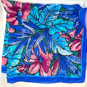 Vintage Vibrant Blue and Rose Floral Statement Silk Scarf by HONEY 31” Square Made in Japan Hand Rolled