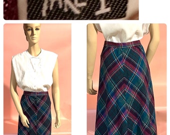 Vtg 1970’s Purple Green Women’s Plaid Wool Skirt by TAKE 1  Cut on the Bias, Classic Style Buttons Down the Front