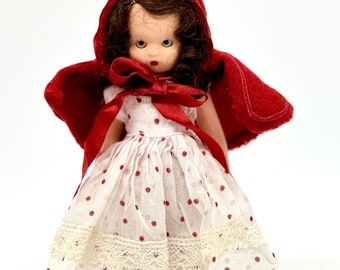 Vintage 1950’s Nancy Anne Doll Storybook Doll Little Red Ridinghood Sleepy Eyes Hard Plastic Movable Arms White Rayon Lace Dress Brunette