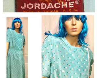 Vintage JORDACHE Turquoise Print Dress-Shoulder Pads-Pleated Sleeves-Elastic Waist-Geometric Pattern-1980's!!