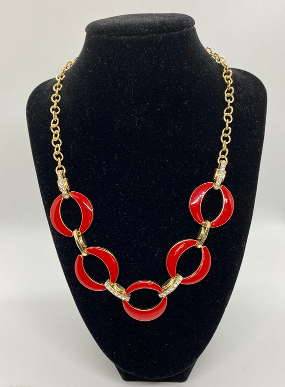 Vintage 1990’s Red Enamel & Gold Tone Necklace - image 1