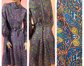 True Vintage Anfang der 1960er Jahre Damen A-Linie Kleid aus Baumwollmischung in leuchtenden Farben-französische Manschetten-Abstrakt-Psychedelic-Flower Power Print