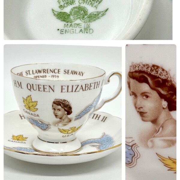 Vintage 1959 Queen Elizabeth II Tea Cup & Saucer Staint Lawrence Seaway Tuscan Fine Bone China England