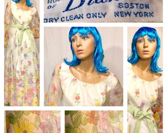 Maxi robe fleurie VTG des années 60-70 avec manches en mousseline de soie par la designer House of Bianchi-Boston-New York Taille 6-8 ROBE BOHO PRAIRIE !