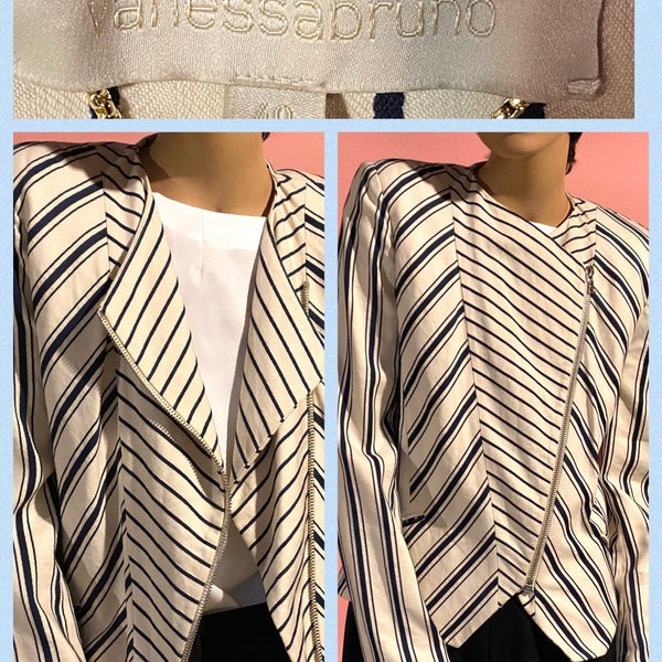 Vintage 2000’s Designer VANESSA BRUNO Womens Off White w/Blue Diagonal Striped Motorcycle Inspired Jacket Cotton/Linen Blend Size 40