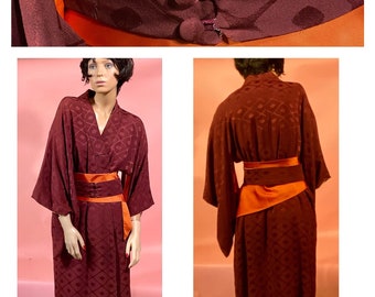 Amazing Vintage 1950’s Japanese Silk Kimono in Maroon & Vibrant Orange Lining with One Orange Satin Sash and Matching Maroon Belt-3 Buttons