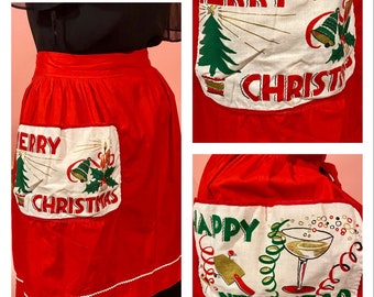 Vintage 1950’s MCM REVERSIBLE Half Apron in Red w/Screen Gold Printed Pockets “Merry Christmas” on one side “Happy New Year” & Rickrack Trim