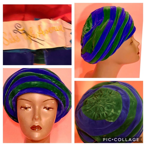 Vintage 1950’s VELVET BLUE & GREEN Tam Beret by Sa