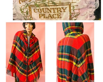 Vintage 1960’s The COUNTRY PLACE Plaid Hooded Cape with Metal Clips & Snap Closures BRILLIANT Red-Yellow-Green Colors! St. Patrick’s Day!