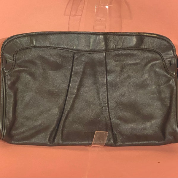 Vintage 1970’s-80’s Leather LETISSE Dark Grey Clutch Purse Handbag Metal Zipper