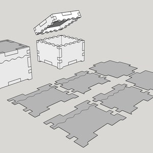 May include: A white wooden box with a lid, the box is assembled and the lid is open. The box is made from six pieces of wood, each with a wavy edge. The pieces are laid out flat on a gray surface.