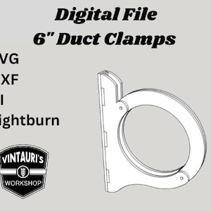 Puede incluir: Archivo digital para abrazaderas de conducto de 15,24 cm. El archivo incluye los formatos SVG, DXF, AI y Lightburn. La imagen muestra un dibujo de línea en blanco y negro de una abrazadera.