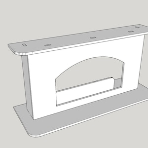 May include: A white, stylized fireplace mantel design with a rectangular base and top. The mantel features an arched opening and several rectangular cutouts on the top surface. The design is rendered in a 3D style.