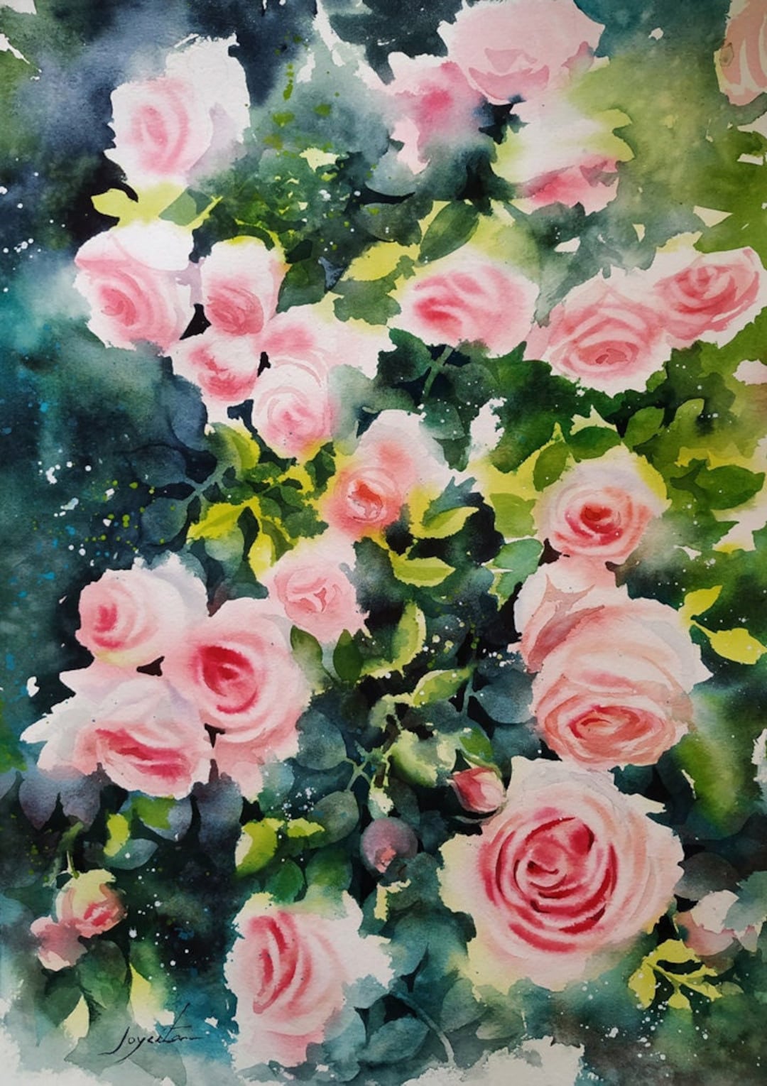 Original Watercolor Painting Pink Roses Cascade - Etsy