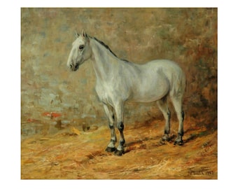 May include: A painting of a white horse standing in a stable. The horse is facing to the left and has a dark mane and tail. The horse is standing on a bed of straw.