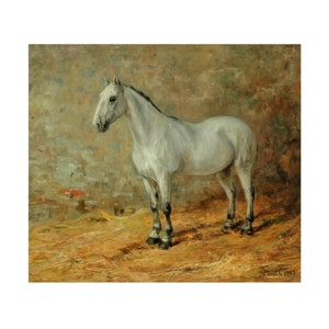 Grey Horse in Stall - Instant Digital Download Vintage Antique Oil Painting, Vintage Painting, Horse Painting, Horse Art Print, Antique Art