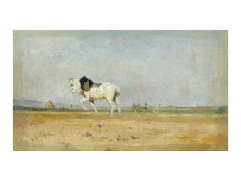 White Plow Horse in Field - Instant Digital Download Vintage Antique Oil Painting, Vintage Painting, Landscape Print, Art Print, Antique Art