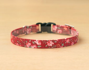 Cat Collar - "Antique Rose" - Red Floral Cat Collar / Breakaway or Non-Breakaway / Spring, Vintage / Cat, Kitten, Small Dog