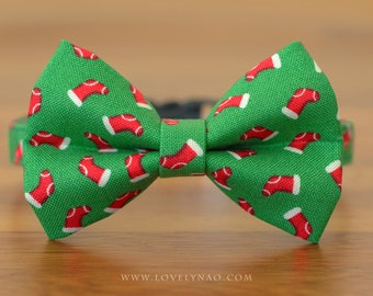 Bow Tie Cat Collar - "Christmas Stockings - Green" - Christmas Cat Collar with Bow / Breakaway or Non-Breakaway / Cat, Kitten, Small Dog