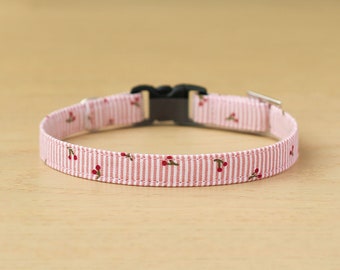 Cat Collar - "Mini Cherry" - Pink Striped Cat Collar / Breakaway or Non-Breakaway / Spring, Summer, fruit / Cat, Kitten, Small Dog