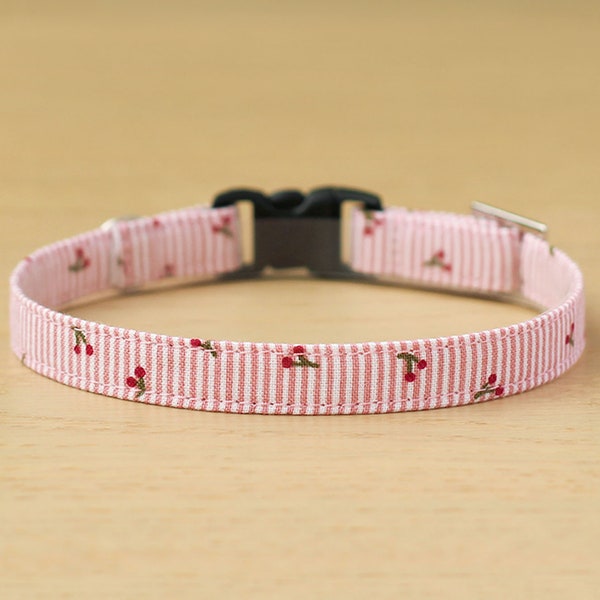 Cat Collar - "Mini Cherry" - Pink Striped Cat Collar / Breakaway or Non-Breakaway / Spring, Summer, fruit / Cat, Kitten, Small Dog