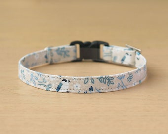 Cat Collar - "Little Bird" - Blue Bird Cat Collar / Breakaway or Non-Breakaway / Spring, Botanical, Floral, Leaf / Cat, Kitten, Small Dog