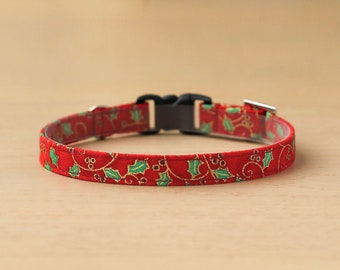 Cat Collar - "Holly Berries - Red" - Botanical Berries Cat Collar / Breakaway or Non-Breakaway / Holiday, Christmas / Cat, Kitten, Small Dog