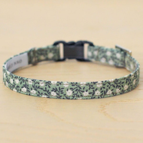 Olive Green Floral Cat Collar - Cotton Botanical Kitten Collar, Breakaway Safety Buckle, Aesthetic Boho Pet Gift, New Kitten Gift Idea