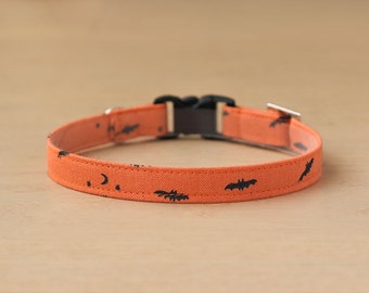 Halloween Cat Collar - "Mini Bat - Orange" - Nighttime Bats on Orange Cat Collar / Breakaway + Non-Breakaway / Cat, Kitten, Small Dog