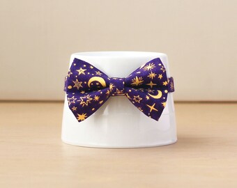 Bow Tie Cat Collar - "Moonlight" - Moon & Stars Cat Collar with Bow / Breakaway or Non-Breakaway / Magic, Zodiac, Night / Cat + Small Dog