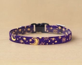 Cat Collar - "Moonlight" - Purple Moon & Stars Cat Collar / Breakaway or Non-Breakaway / Magic, Zodiac, Witchy, Mystical / Cat + Small Dog