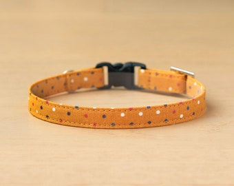 Cat Collar - "Colorful Polka Dots" - Polka Dot on Mustard Cat Collar / Breakaway or Non-Breakaway / Spring, Autumn / Cat, Kitten, Small Dog