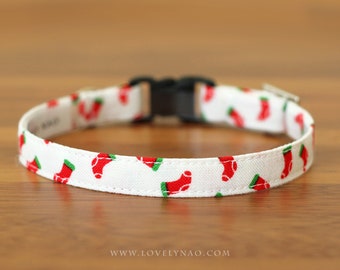 Holiday Cat Collar - "Christmas Stockings - White" - Red & Green Holiday Cat Collar / Breakaway or Non-Breakaway / Cat, Kitten, Small Dog