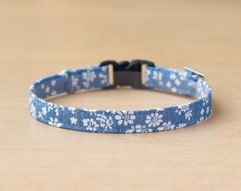 Cat Collar - "Vintage Denim Flower" - Blue Floral Cat Collar / Breakaway or Non-Breakaway / Spring, Summer / Cat, Kitten, Small Dog