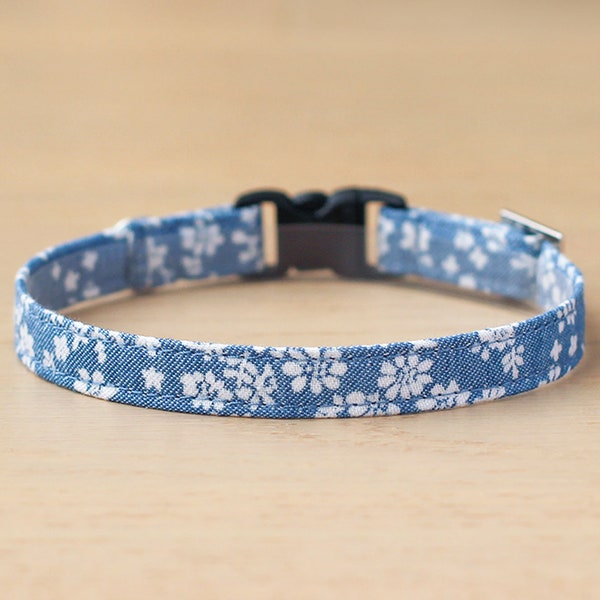 Cat Collar - "Vintage Denim Flower" - Blue Floral Cat Collar / Breakaway or Non-Breakaway / Spring, Summer / Cat, Kitten, Small Dog