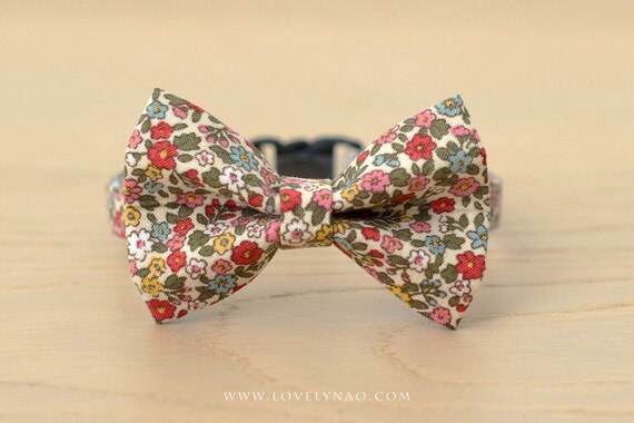 Ditsy Floral Cat Bow Tie Collar - Vintage English Garden Kitten Collar, Removable Bowtie, Safety Breakaway Buckle [Little Garden]