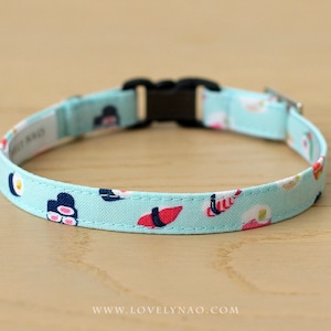 Cat Collar - &quot;Sushi&quot; - Mint Cat Collar / Breakaway or Non-Breakaway / Summer, Japanese, Fish / Cat Lover Gift / Cat, Kitten, Small Dog