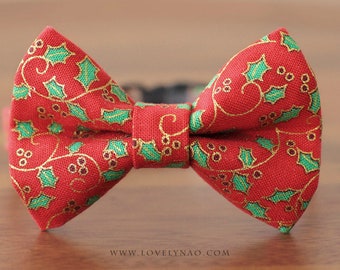 Bow Tie Cat Collar - "Holly Berries - Red" - Christmas Cat Collar with Bow / Breakaway or Non-Breakaway / Holiday / Cat, Kitten, Small Dog