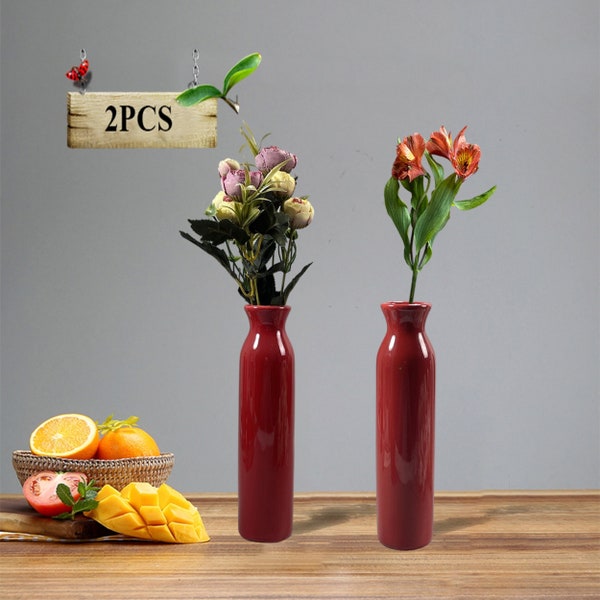 Red Ceramic Vase  Set of 2  Modern Flower Vase Decoration Round Design For Hotel,Bookshelf Decor,Farmhouse Decor Vases