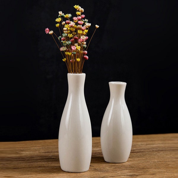 2 Piece Little White Vase Set, Couple Flower Bud Vases, Mini Bouquet Holder, Unique Small Decorative Ceramic Vases, Ornament in Home Office