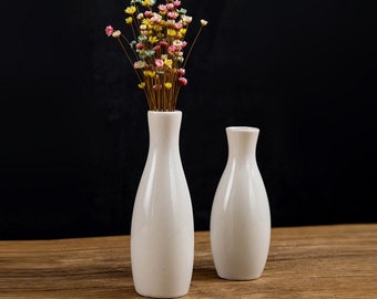 2 Piece Little White Vase Set, Couple Flower Bud Vases, Mini Bouquet Holder, Unique Small Decorative Ceramic Vases, Ornament in Home Office