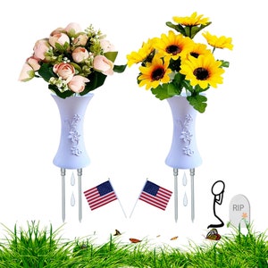 Set of 2,Floral Vase Plastic Pot with Detachable Long Metal Ground Spikes Stake,Decorations for Cemetery, Outdoor Memorial Markers