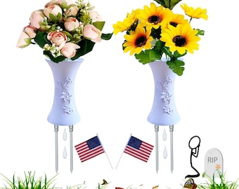 Set of 2,Floral Vase Plastic Pot with Detachable Long Metal Ground Spikes Stake,Decorations for Cemetery, Outdoor Memorial Markers