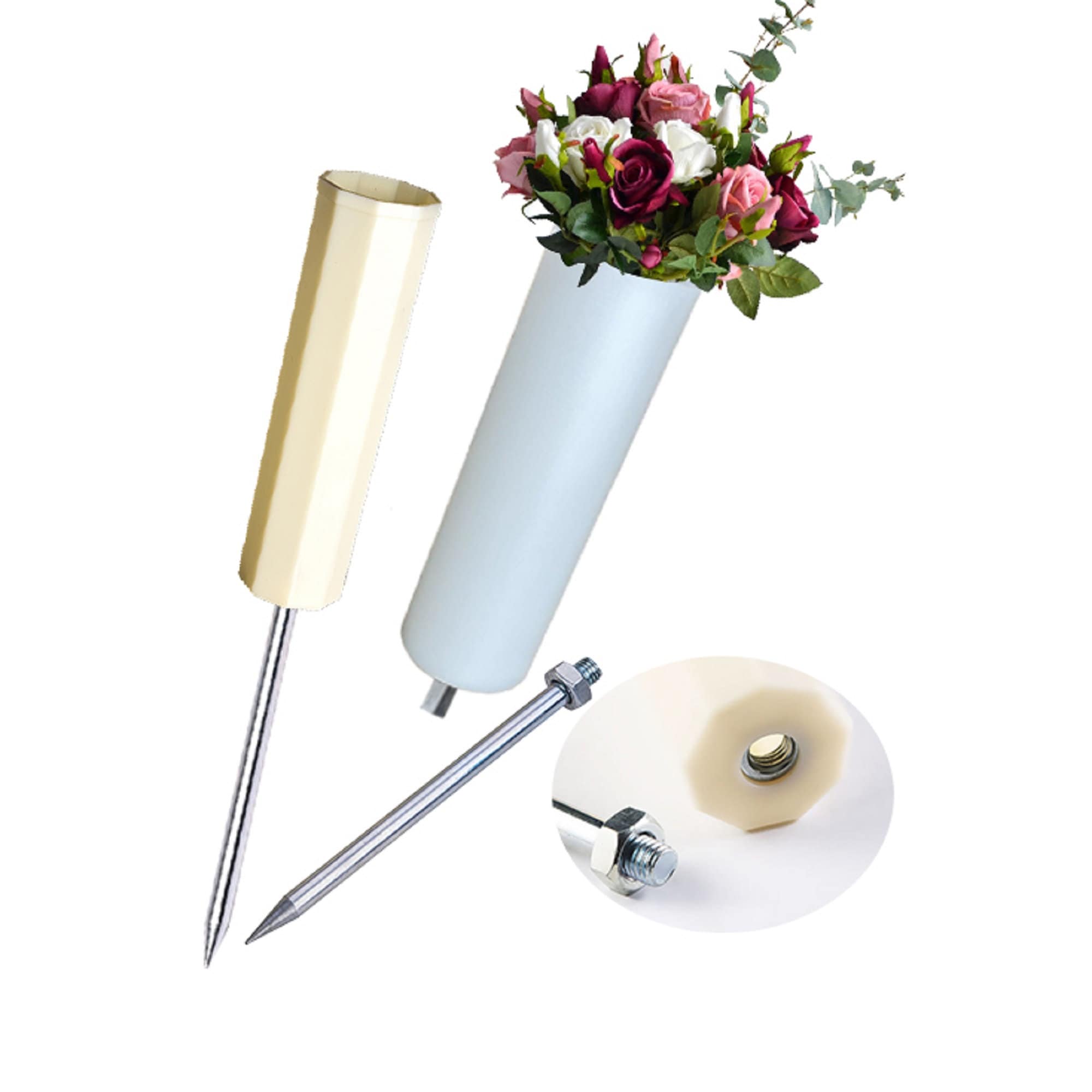 3 Sturdy Cemetery Flower Planter Vase Memorial Flower Holder Ground Vase  Long Stake Grave Sites with Hard Spikes for Garden and Lawn (7 inch White A)