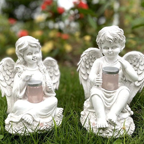 Solar Light Garden Angel Boy/Girl with Bottle Resin Craft Waterproof Outdoor Statue with LED Lights Art Figurine Courtyard Decor