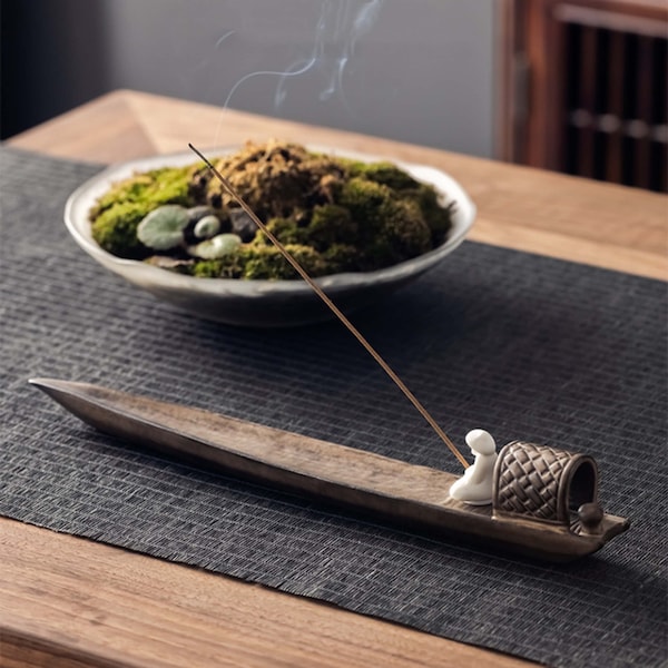 Incense Holder Burner for Incense Sticks Ash Catcher Cool Yoga Home Decor Handmade Ceramic Incense Tray with Boat and the Fisherman