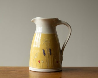 Medium Handmade Yellow Pottery Jug with Wildflower Design