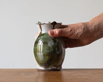 Handmade Japandi Inspired Ceramic Bud Vase with Green Brush Marks