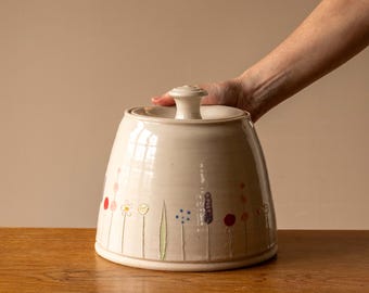 Large White Handmade Pottery Lidded Pot or Biscuit Jar with Midsummer Flower Design