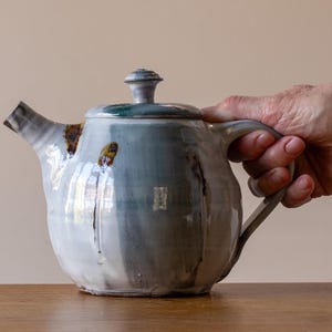 Three Cup Handmade Stoneware Pottery Teapot with Misty Blue Brushed Design #2